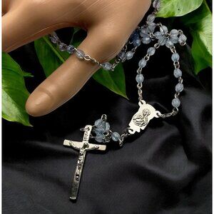 Silver Tone Catholic Rosary Necklace Crucifix with Blue Beads INRI Prayer Beads